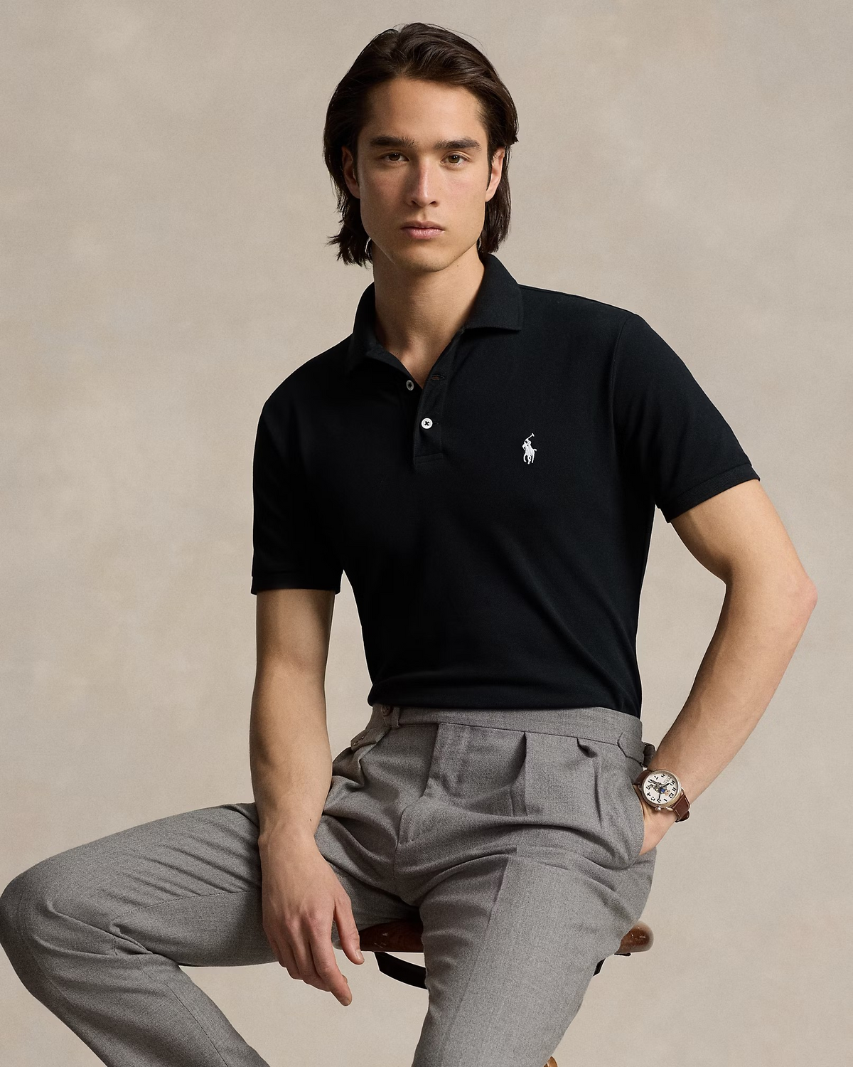 Custom Slim Fit Stretch Mesh Polo - Black