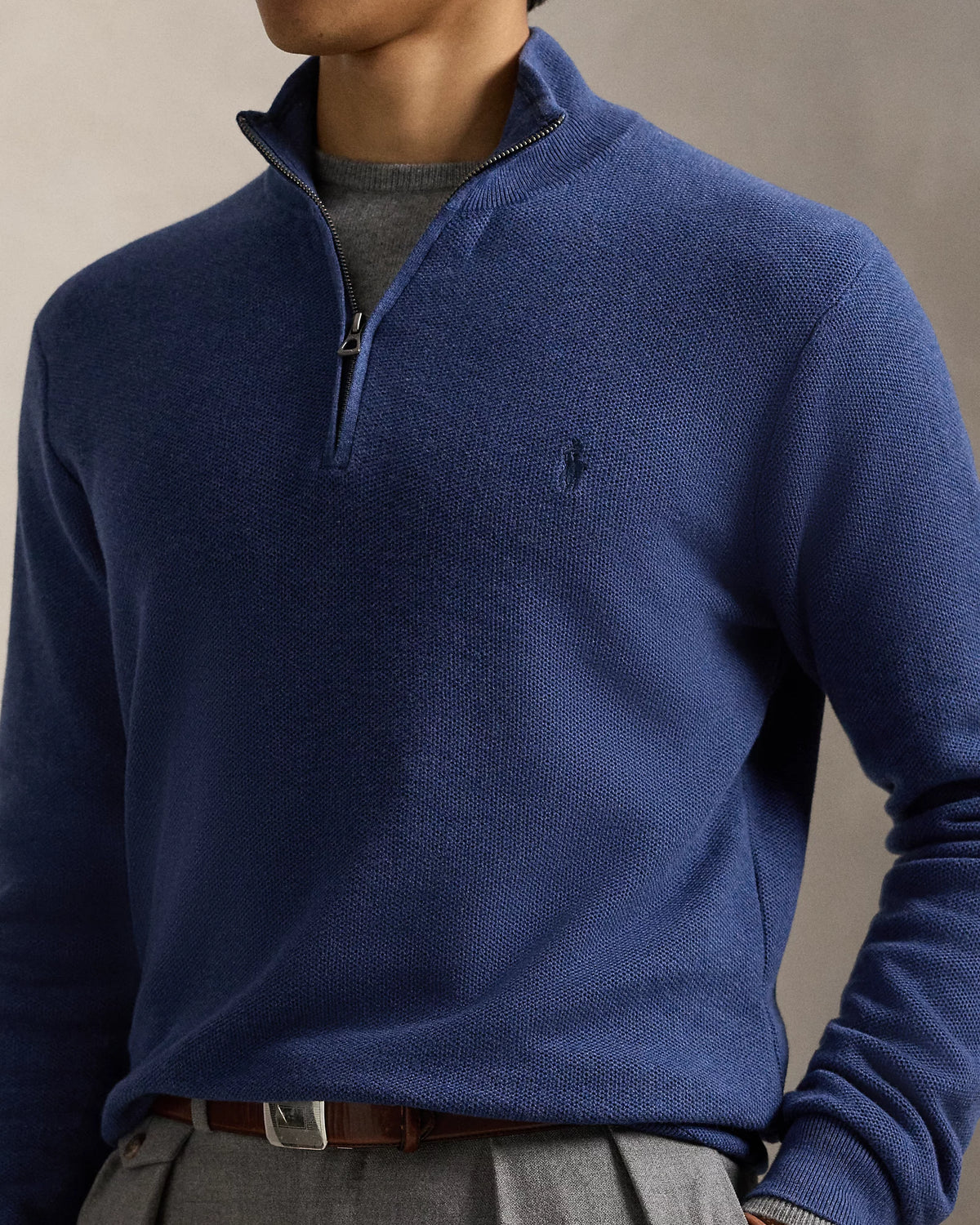 Quarter Zip Textured Mesh Knit Jumper - Navy Heather