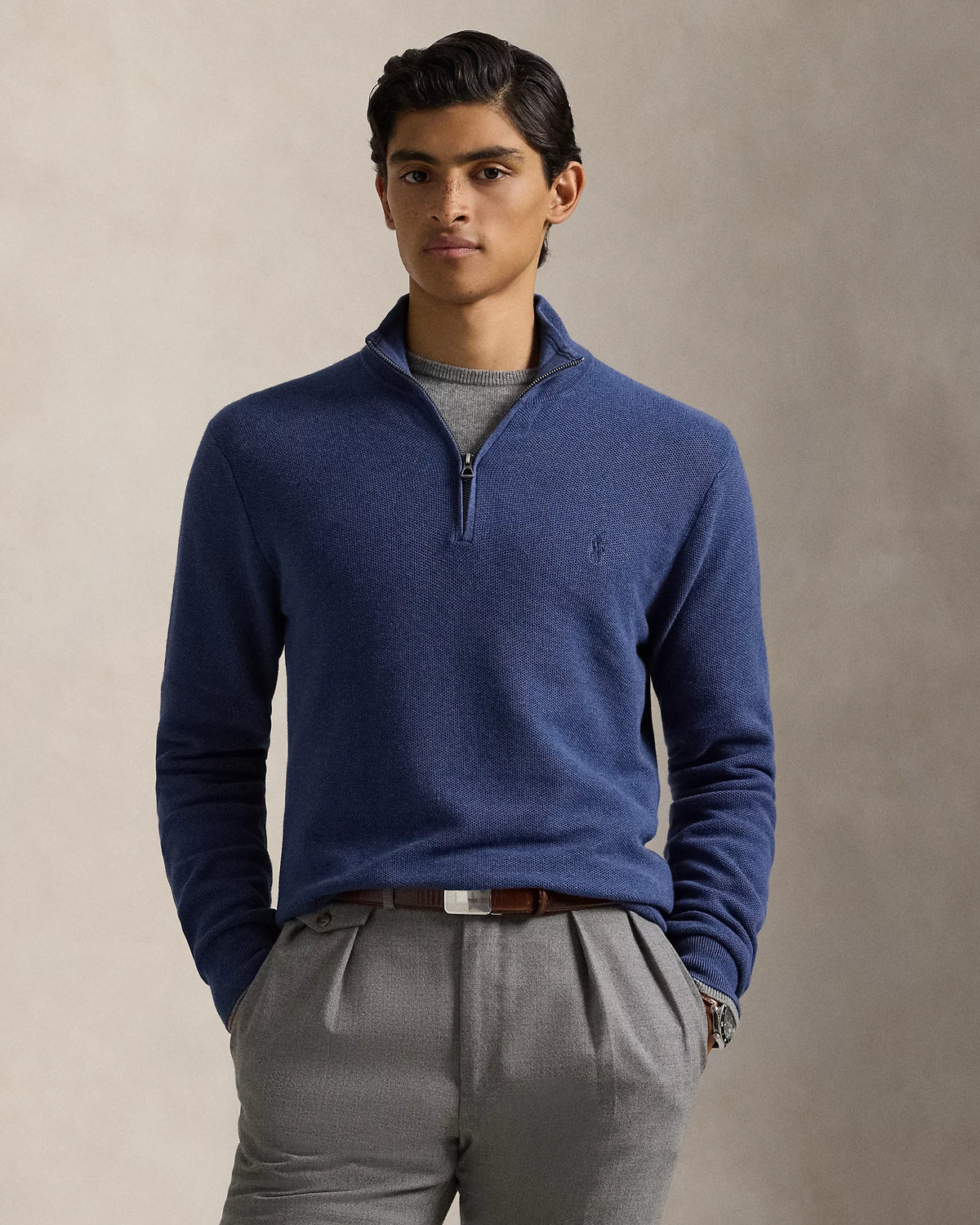 Quarter Zip Textured Mesh Knit Jumper - Navy Heather