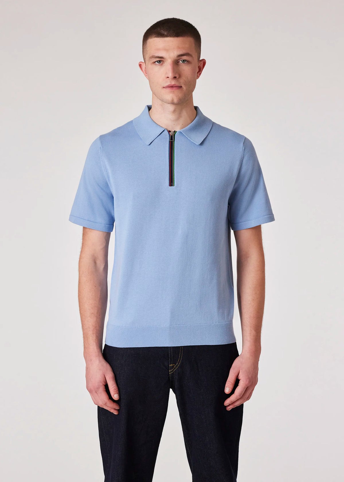 Sports Stripe&#39; Zip Cotton Polo Shirt - Sky Blue