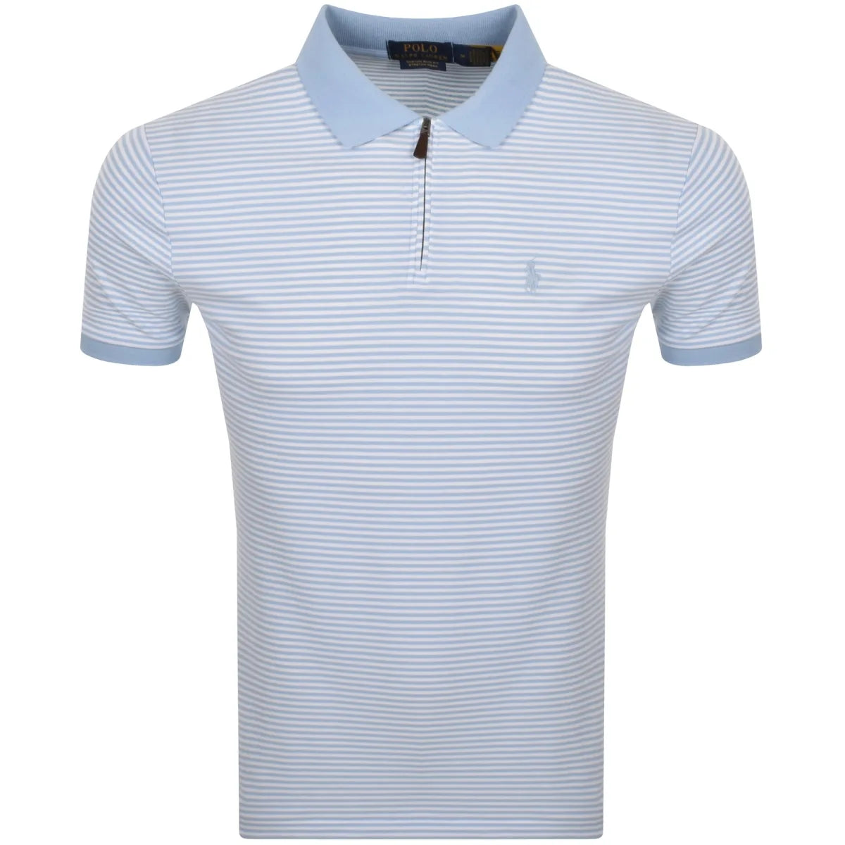 Custom Slim Stretch Mesh Stripe Zip Polo - Sky/White