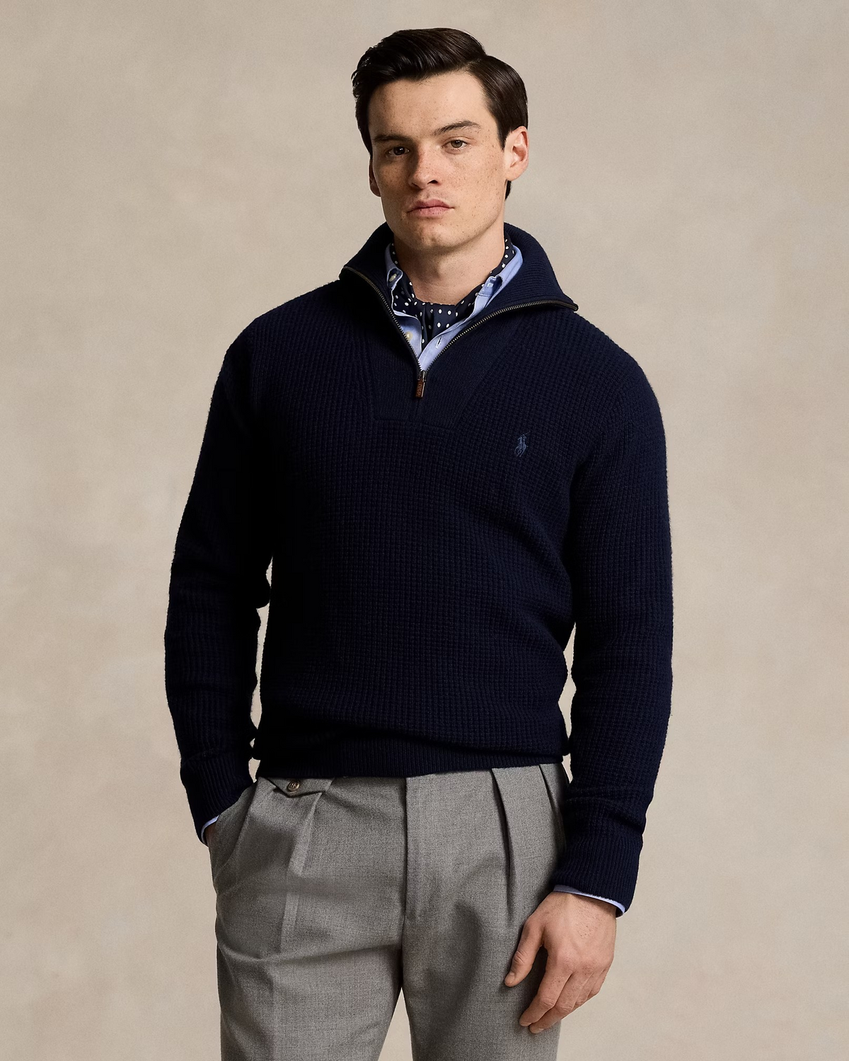 Waffle Wool-Cotton Quarter-Zip Jumper - Navy