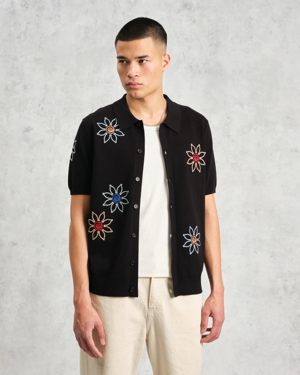 Tellaro Knitted Flower Embroidered Polo - Black