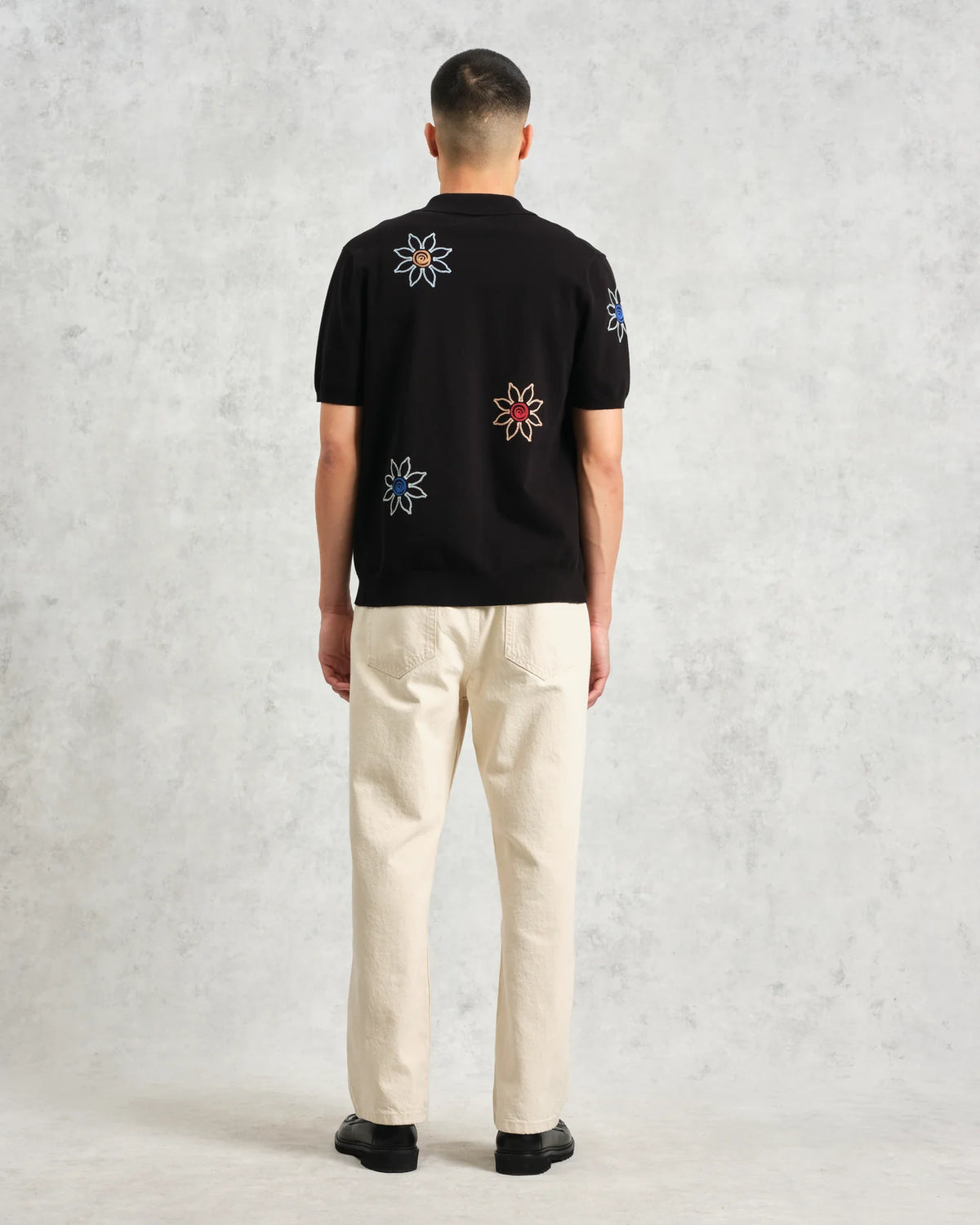 Tellaro Knitted Flower Embroidered Polo - Black