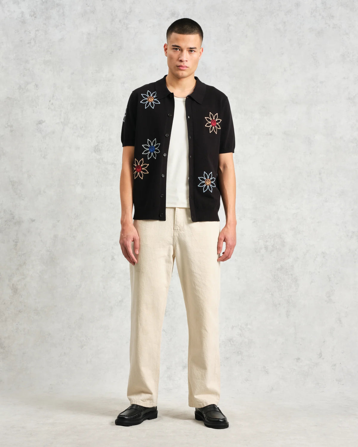 Tellaro Knitted Flower Embroidered Polo - Black