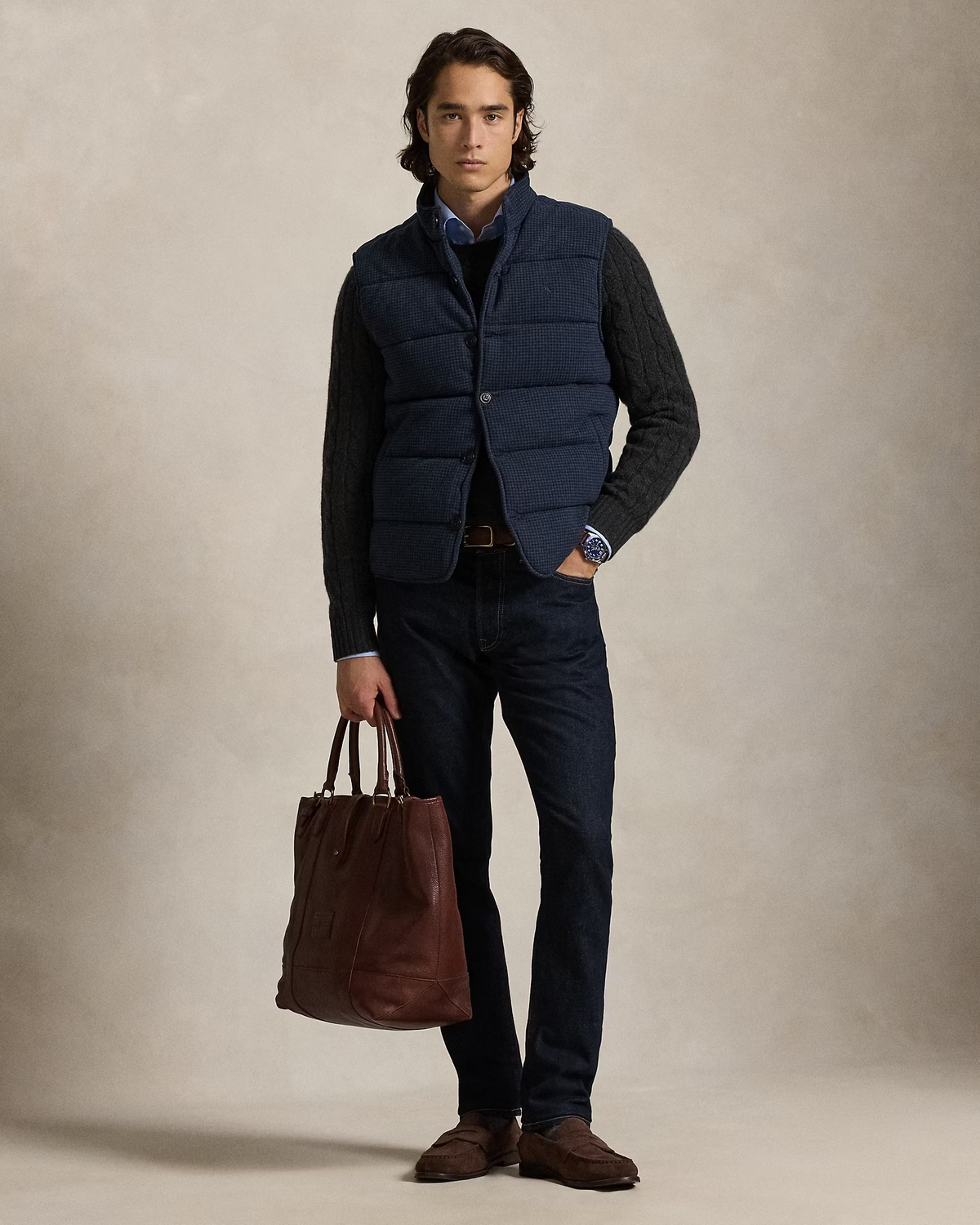 Houndstooth Print Estate Rib Gillet - Navy