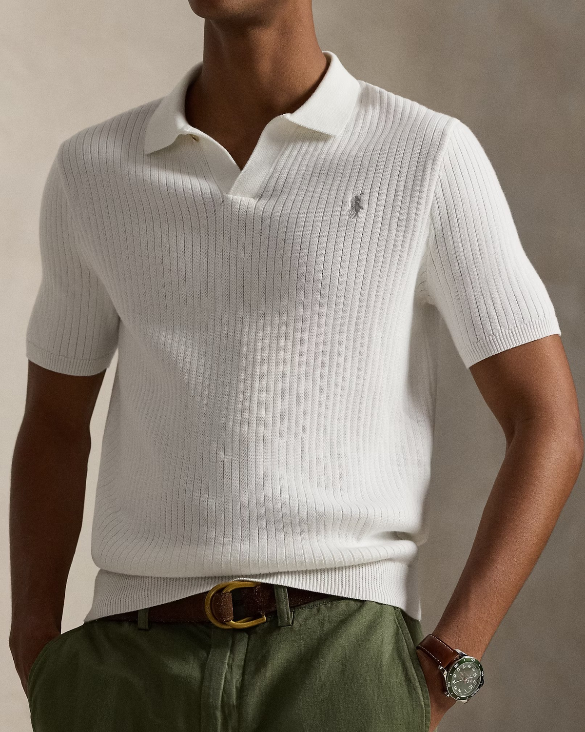 Rib-Knit Cotton Johnny-Collar Polo - White