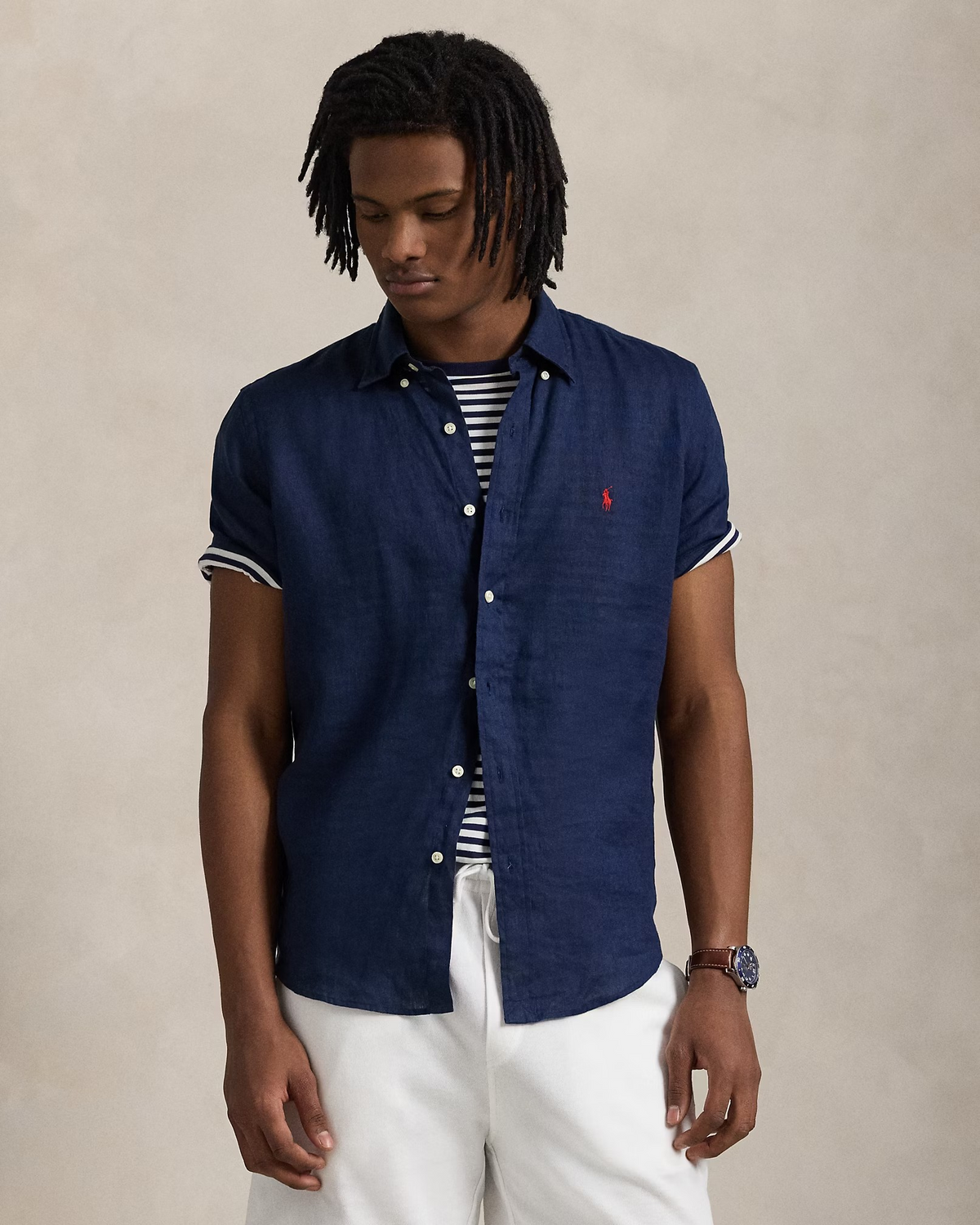 Custom Fit Linen Short Sleeved Shirt - Navy