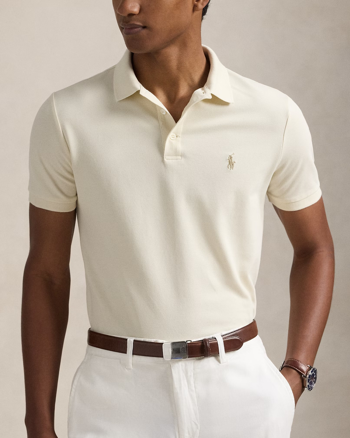 Custom Slim Fit Stretch Mesh Polo - Cream