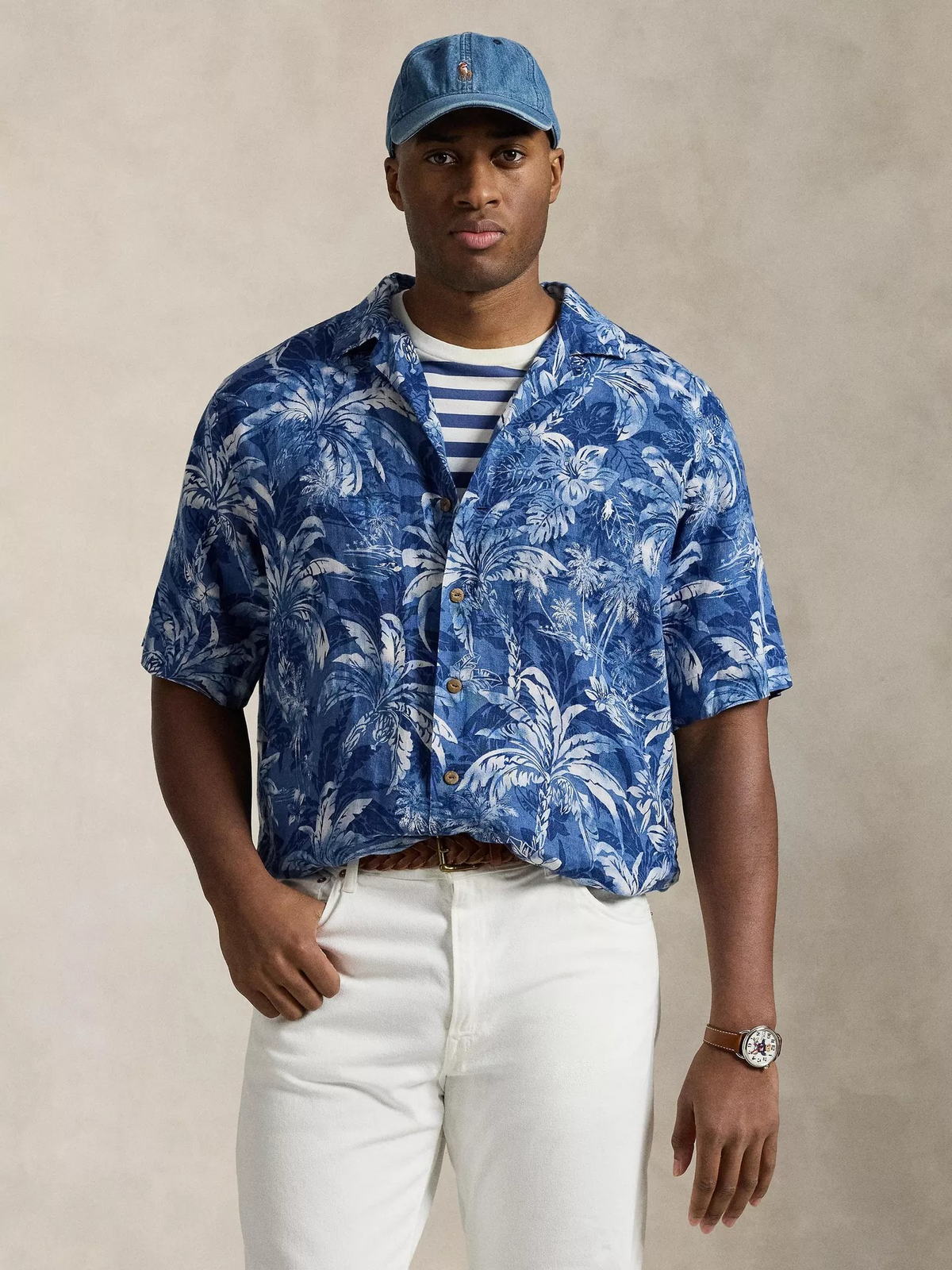Tropical Print Shirt Sleeve Linen Shirt - Blue