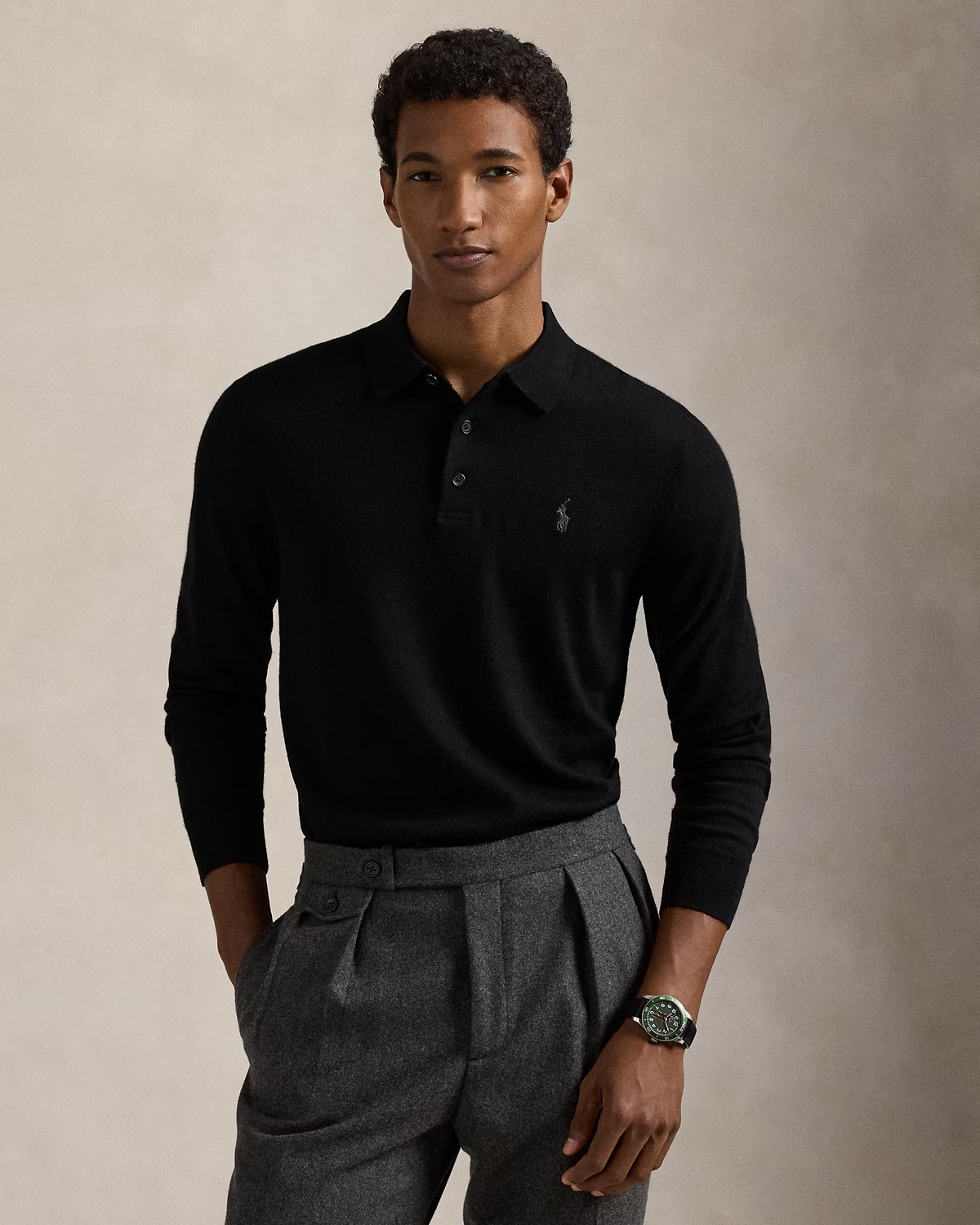Knitted Wool Long Sleeve Polo - Black