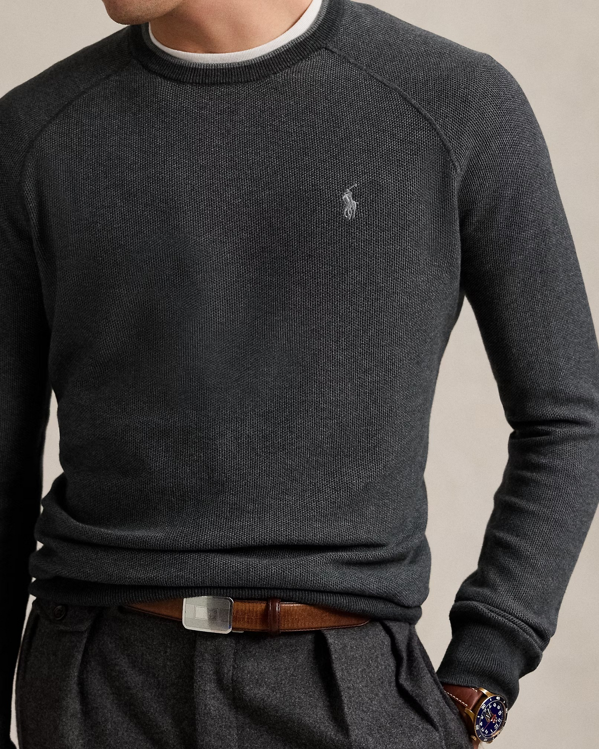 Textured Cotton Crewneck Jumper - Charcoal Grey