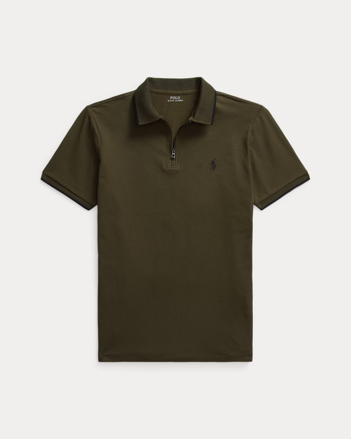 Custom Slim Fit Stretch Mesh Zip Polo Shirt - Khaki