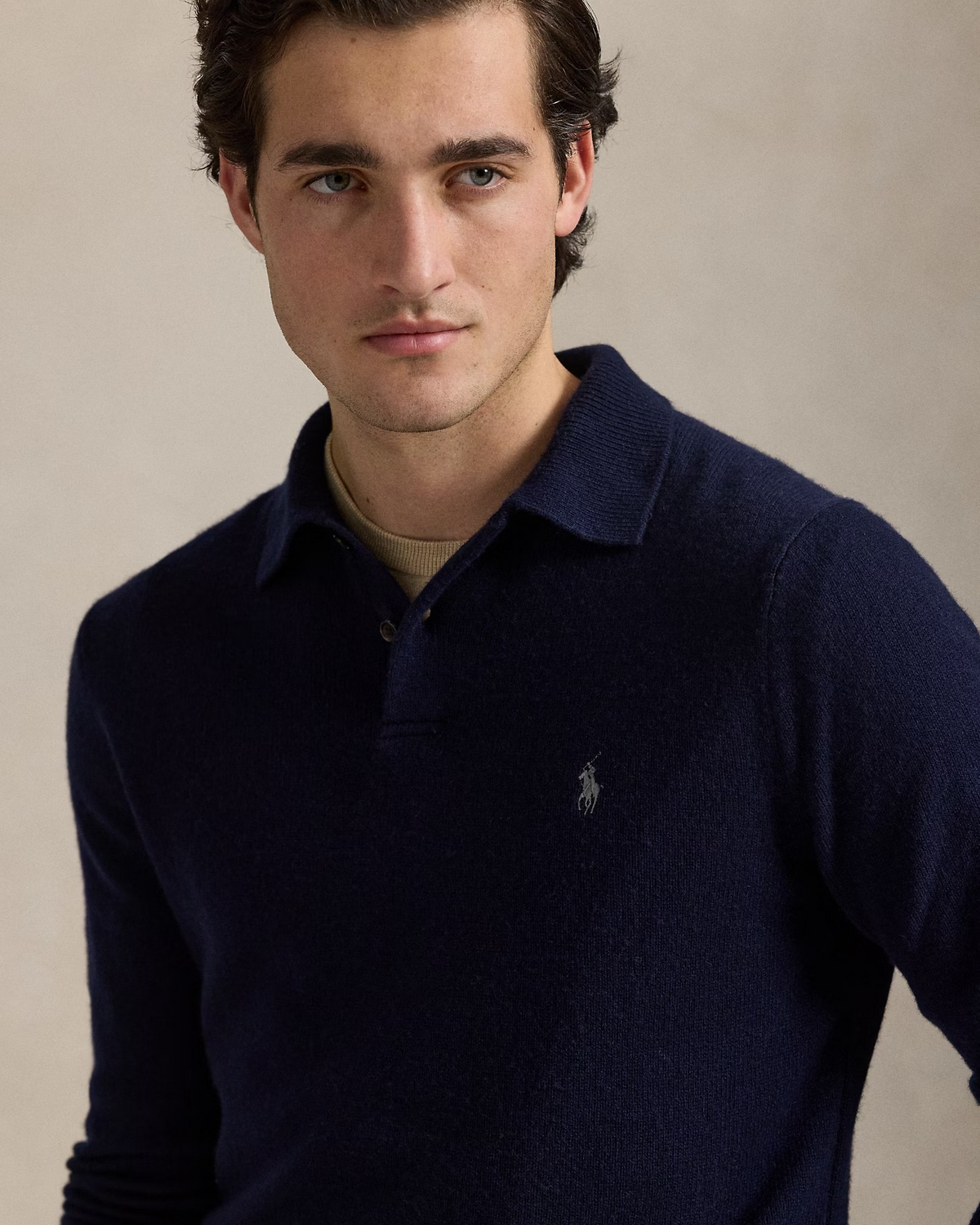 Wool-Cotton Polo Collar Jumper - Navy