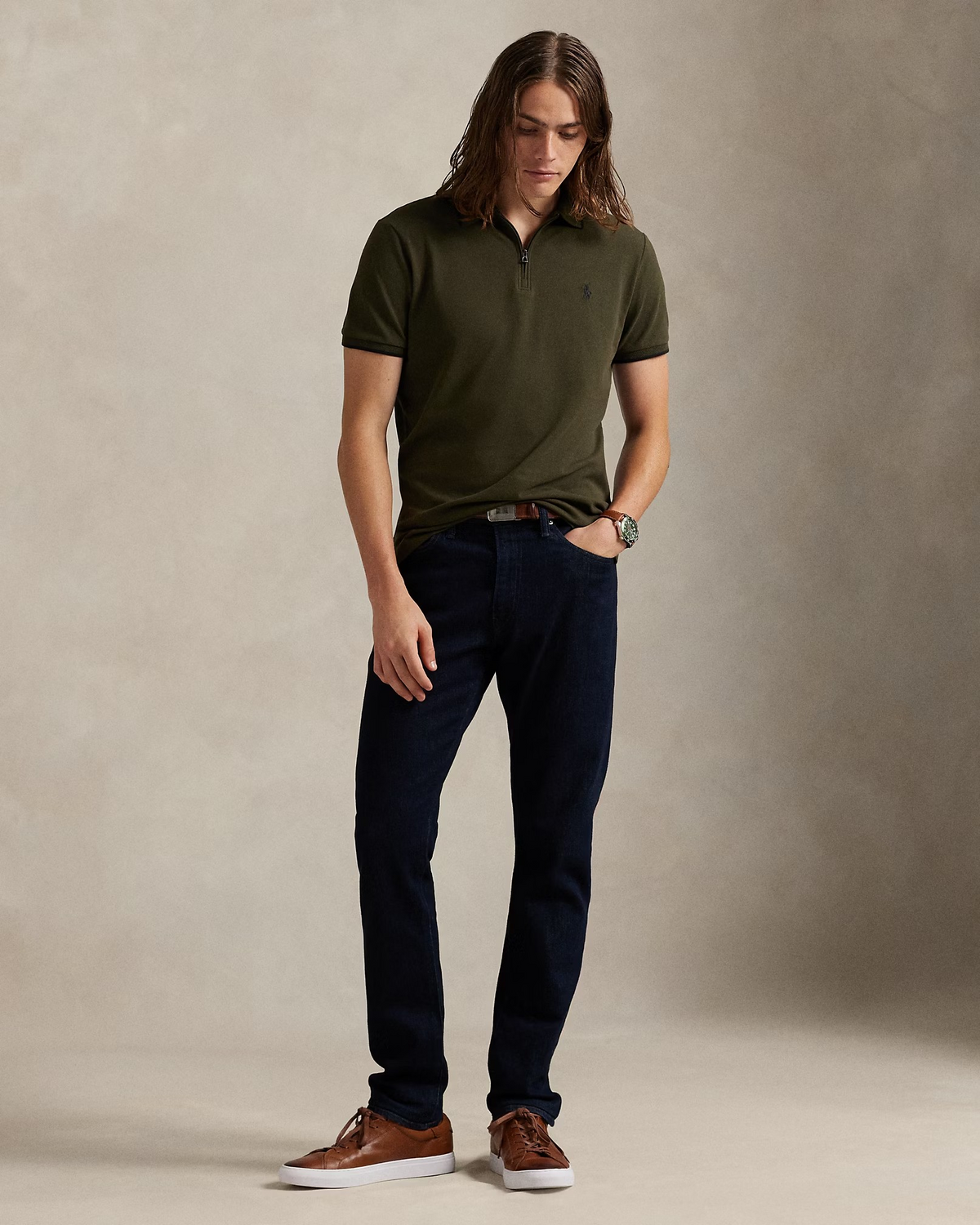 Custom Slim Fit Stretch Mesh Zip Polo Shirt - Khaki