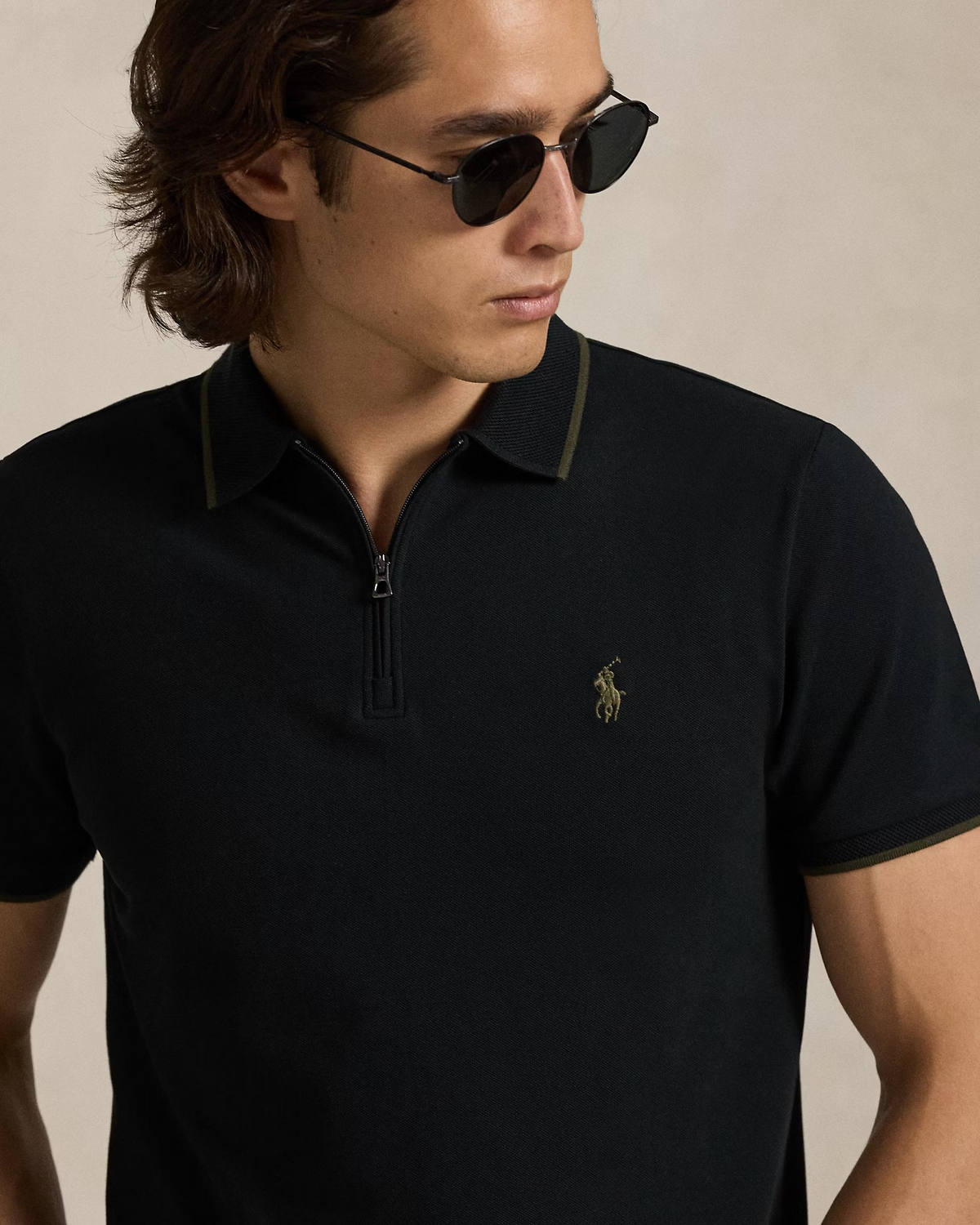 Custom Slim Fit Stretch Mesh Zip Polo Shirt - Black