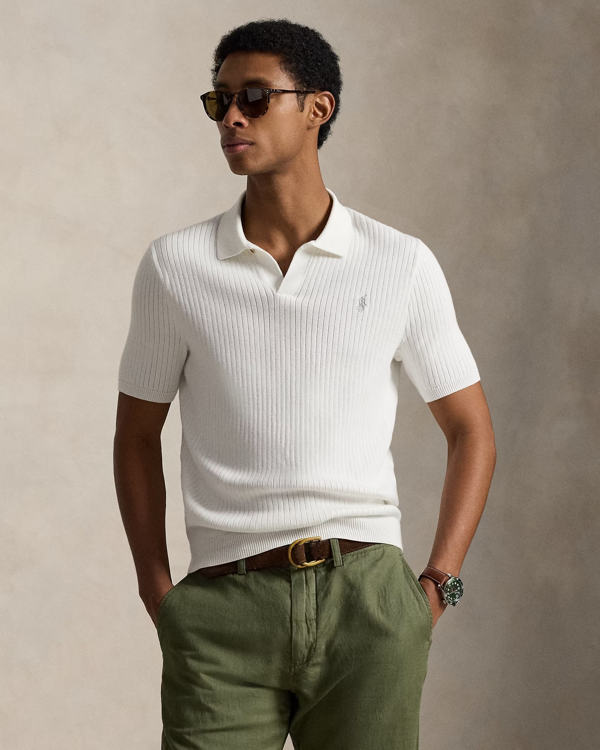 Rib-Knit Cotton Johnny-Collar Polo - White