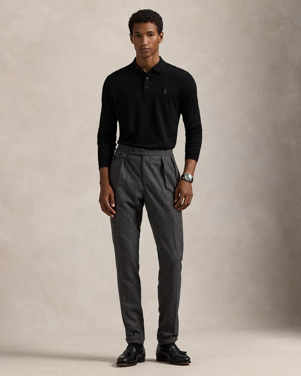 Knitted Wool Long Sleeve Polo - Black