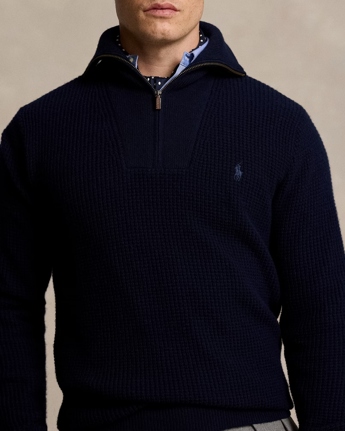 Waffle Wool-Cotton Quarter-Zip Jumper - Navy