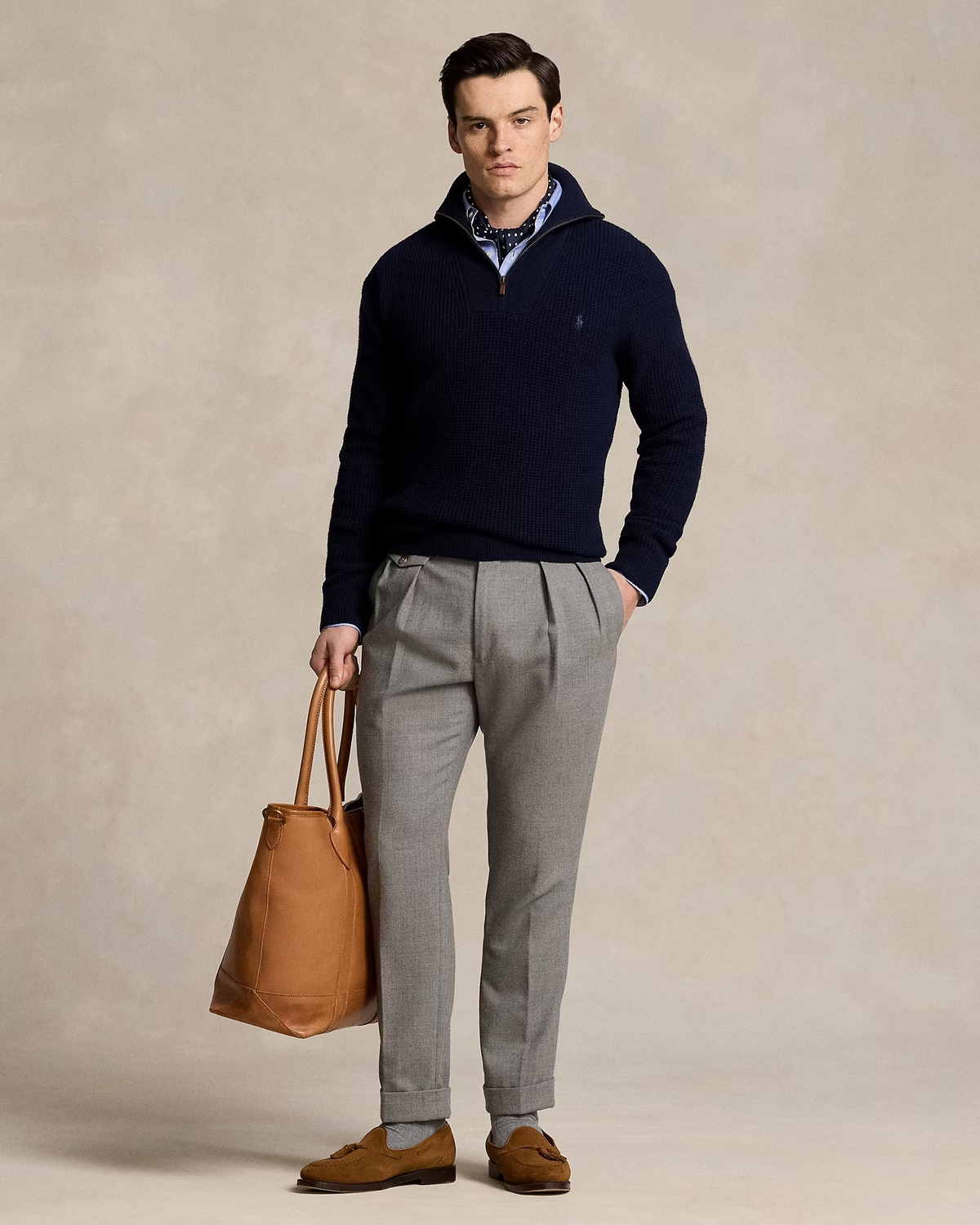 Waffle Wool-Cotton Quarter-Zip Jumper - Navy