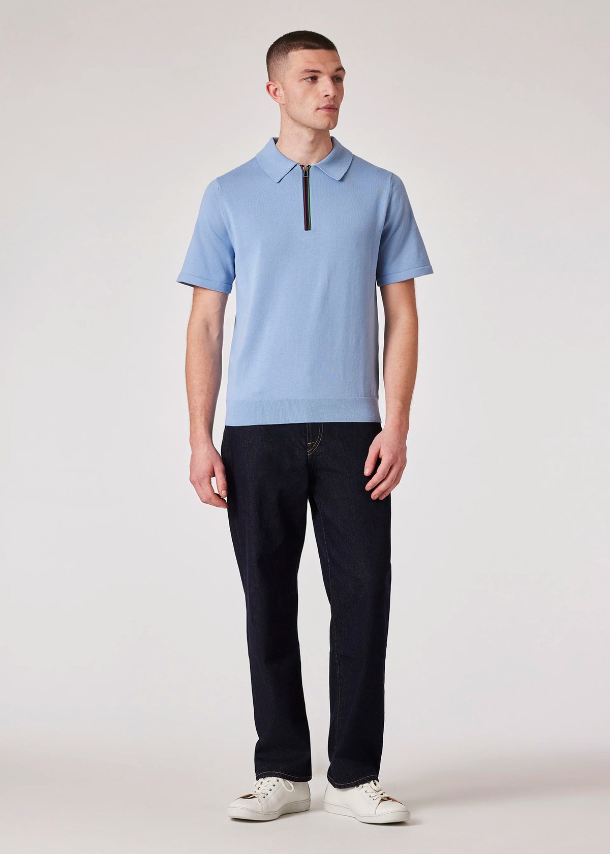 Sports Stripe&#39; Zip Cotton Polo Shirt - Sky Blue