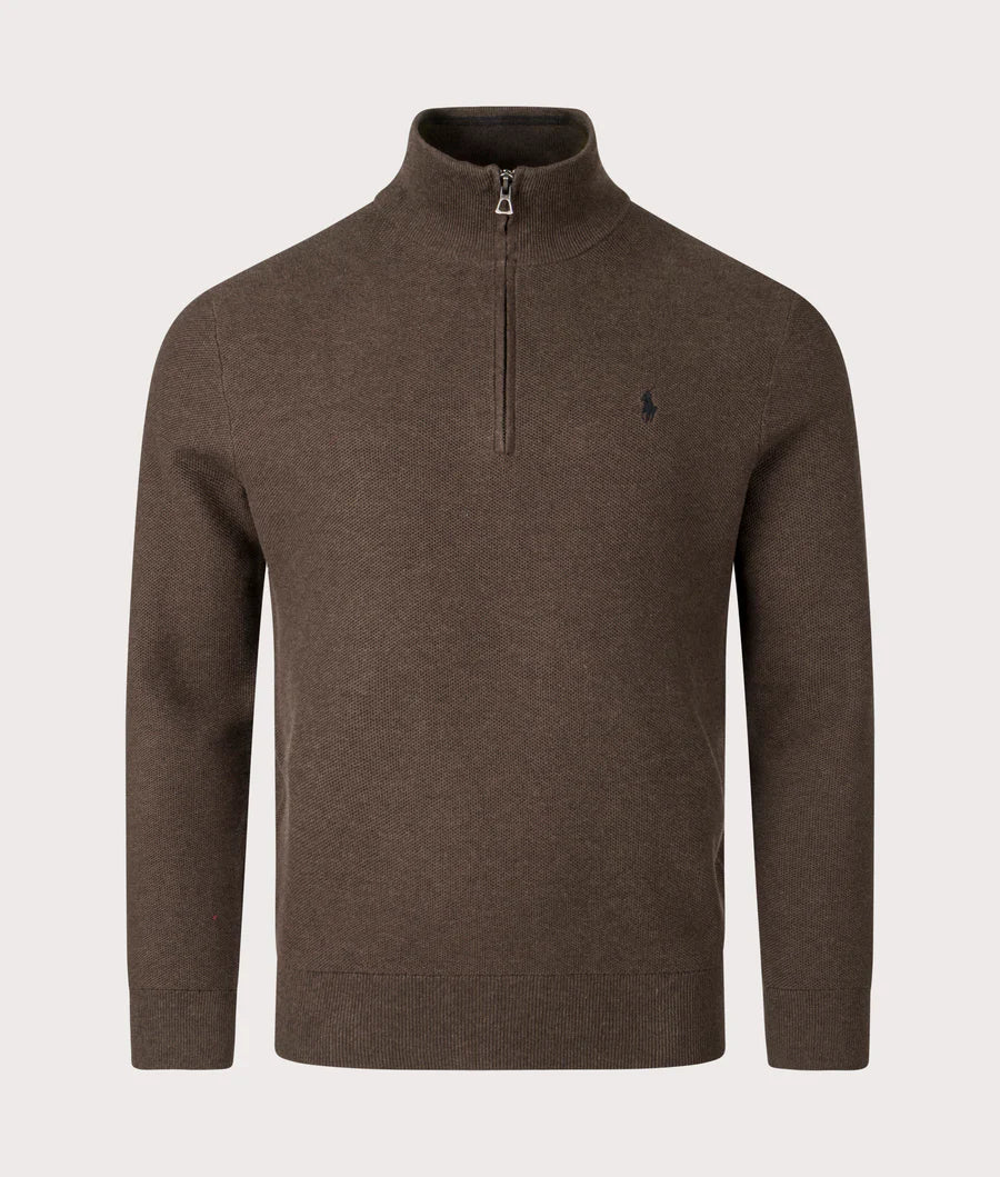 Quarter Zip Textured Mesh Knit Jumper - Brown