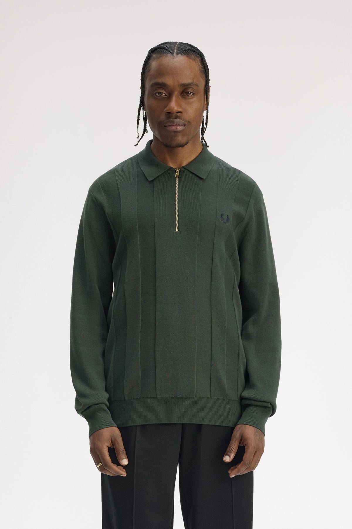 Tonal Stripe Knitted Zip Shirt - Olive Green