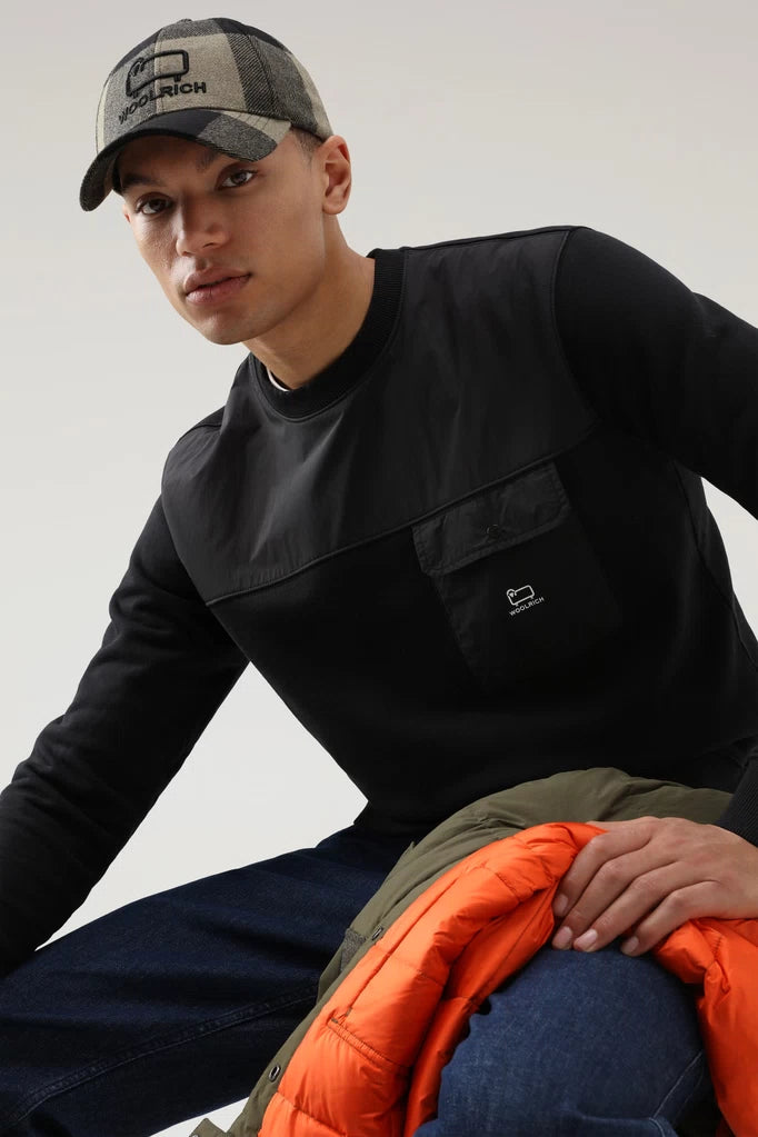 Mixed Fabric Crewneck Sweatshirt - Black